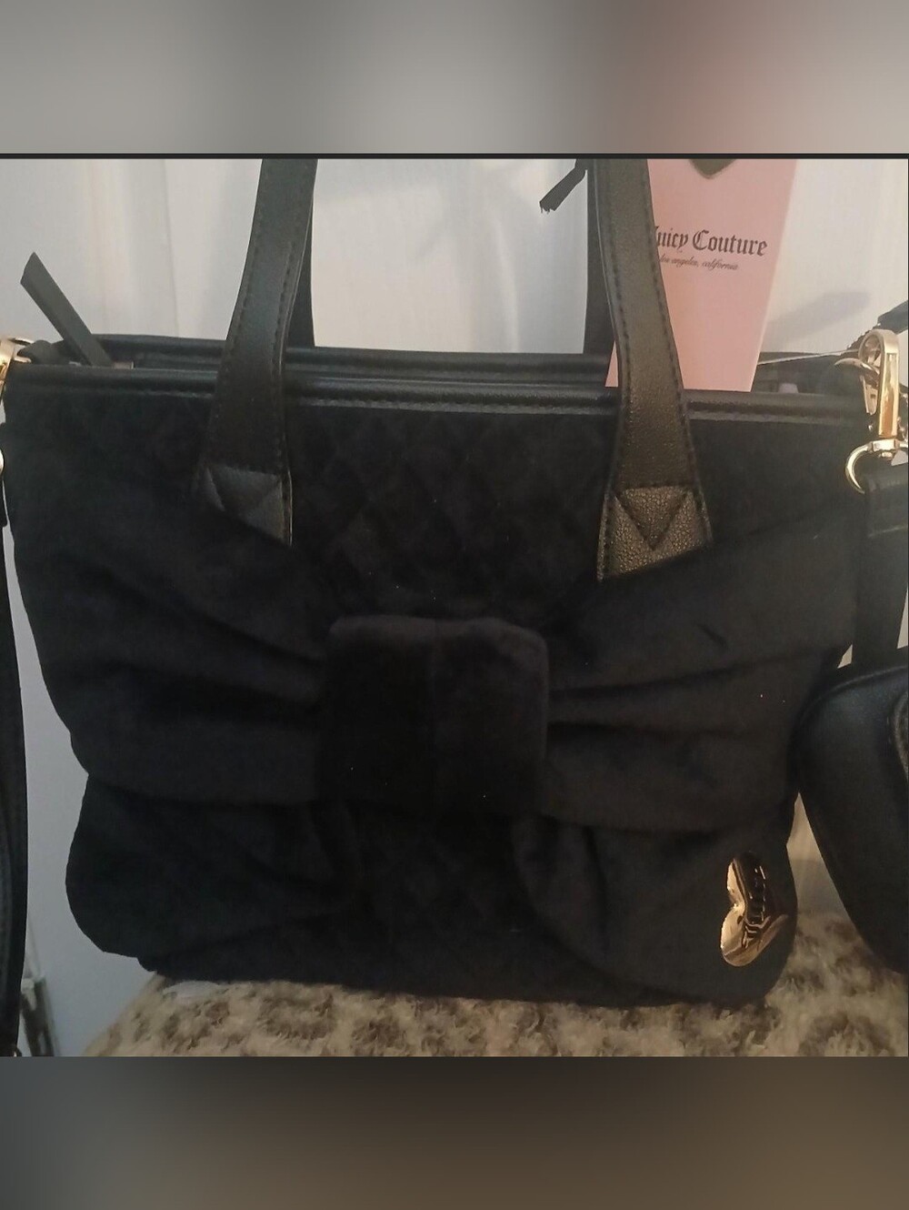 Nwt Large Juicy Couture Exclusive Velvet Black Quilted Bow Mini Bag Charm Bag